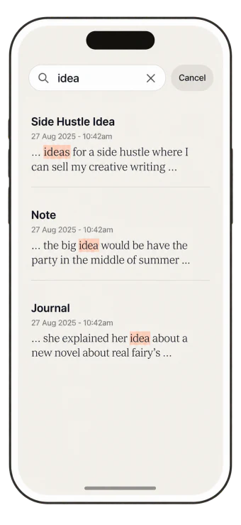 Search results in Olly for the word idea, matching text highlighted in each note