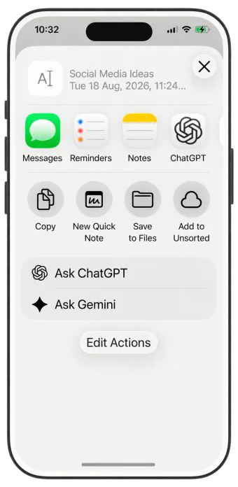 Olly’s share sheet with Messages, Reminders, Notes and ChatGPT