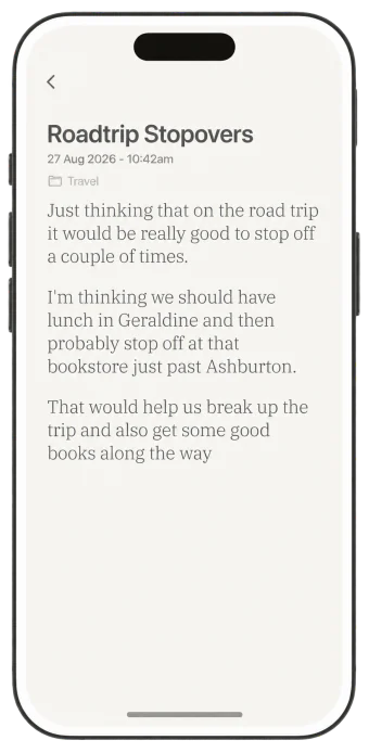 A transcribed note in Olly titled Roadtrip Stopovers