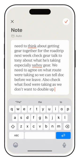 A note being typed in Olly with the on-screen keyboard open