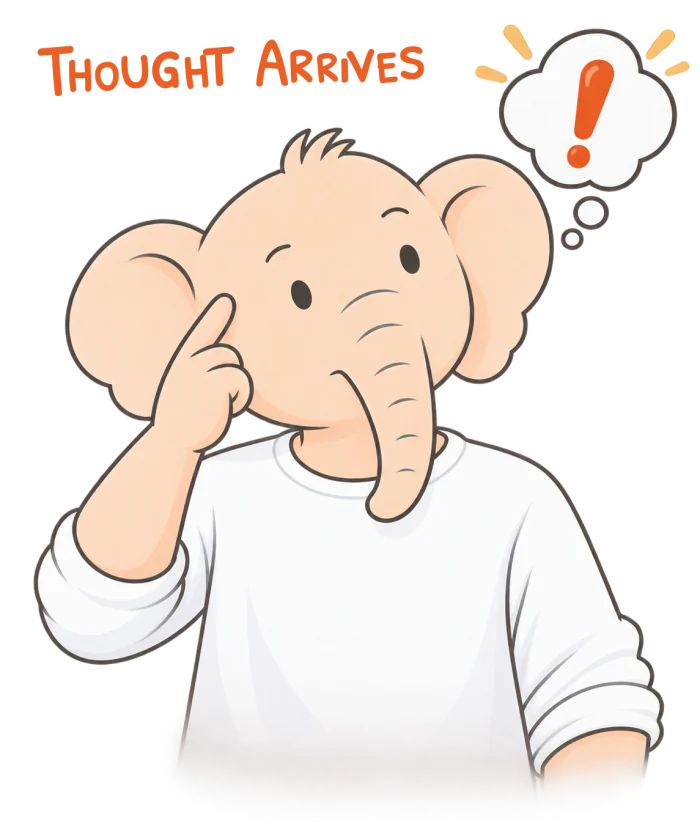 Thought arrives — Olly the elephant struck by an idea